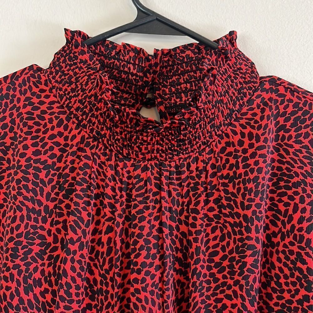 H&M Red & Black Animal Print Hi Neck Blouse - Size Large
